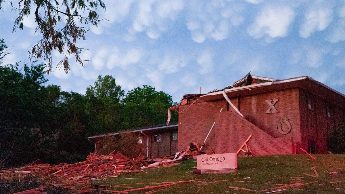 The Chi Omega house near the Kansas State University campus in Manhattan was damaged as severe storms passed through the area Saturday.