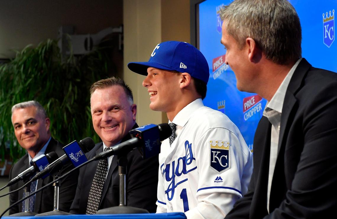 Bobby Witt Jr., the No. 2 overall pick in last week’s MLB Draft, was officially introduced during a news conference Wednesday afternoon at Kauffman Stadium. Witt, who turns 19 on Friday, was all smiles as he talked about joining the organization. Also on hand were Royals General Manager Dayton Moore, from left, Assistant General Manager/Scouting, Lonnie Goldberg and Area Scouting Supervisor Chad Lee.