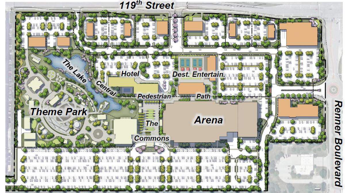 Site development plans show where Halo Ridge will be constructed in Olathe. The development will bring an accessible amusement park, sports arena and hotel to the city’s Gateway District.