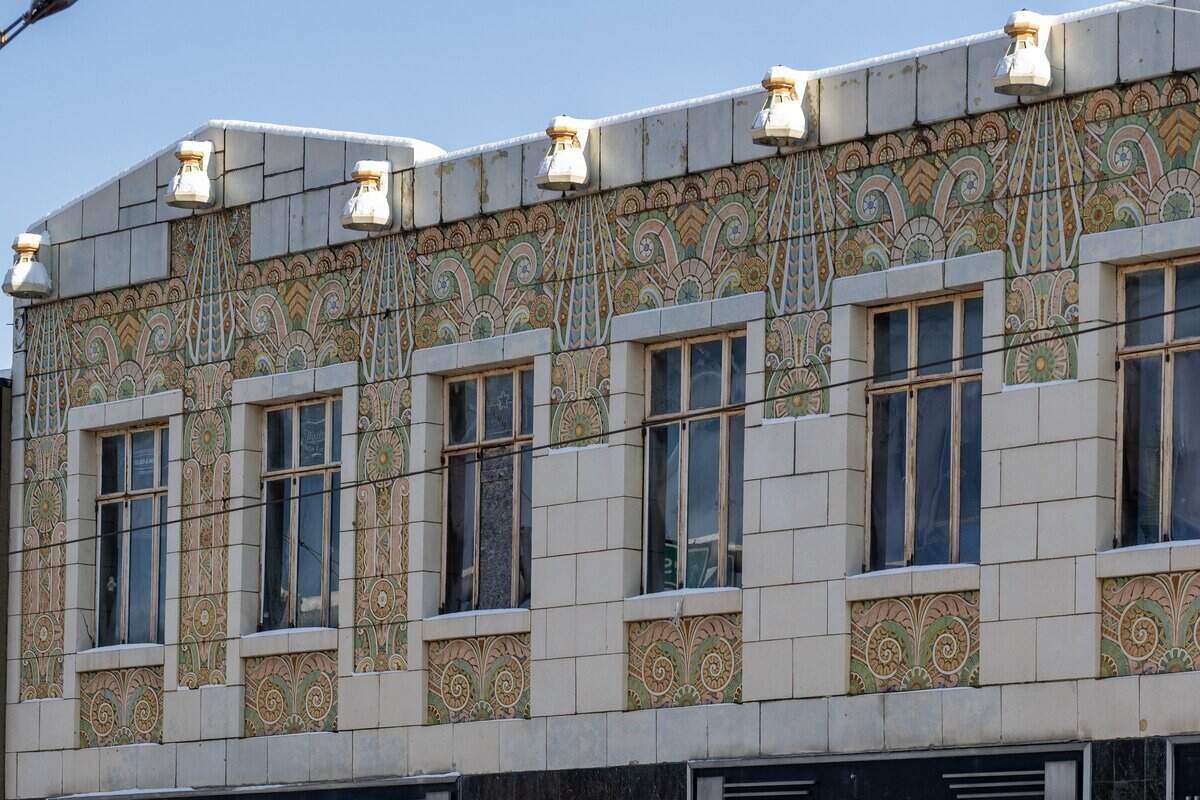 Details of the Southwell building are seen from Main Street Tuesday, Dec. 2, 2025, in Kansas City.
