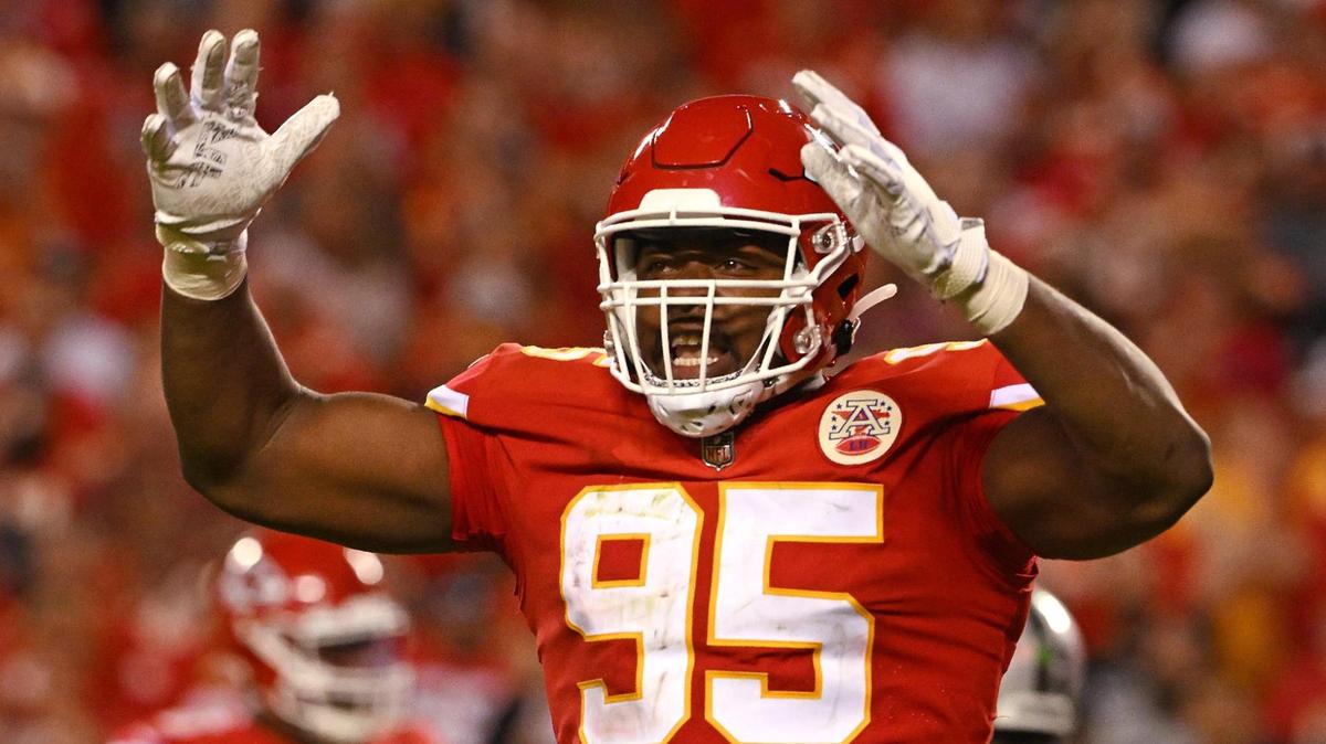The Chiefs Chris Jones gets the crowd into it during the second half of the Chiefs’ 30-29 win Monday night at Arrowhead.