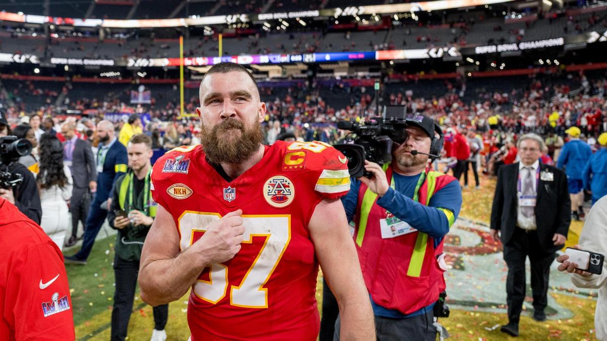 Kansas City Chiefs tight end Travis Kelce (87) pumps his chest after the Chiefs defeated the San Francisco 49ers in overtime 25-22 in Super Bowl LVIII on Sunday, Feb. 11, 2024, in Las Vegas.