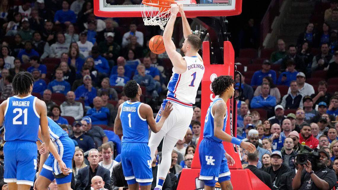 Hunter Dickinson had a double-double (27 points and 21 reounds, 15 on the defensive end) as the KU Jayhawks beat the Kentucky Wildcats 89-84 Tuesday night in the Champions Classic at Chicago’s United Center.