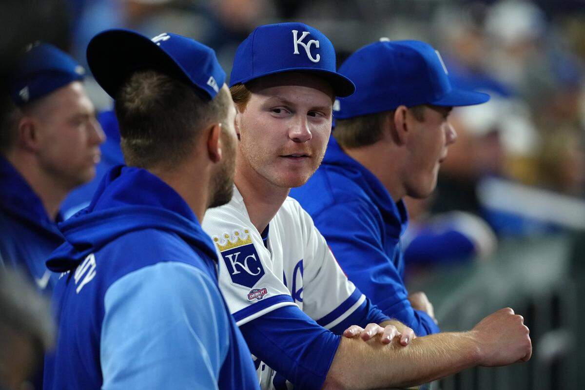 Royals pitcher Eric Cerantola watches from the dugout during a game against the Cleveland Guardians at Kauffman Stadium in Kansas City on May 6, 2026.