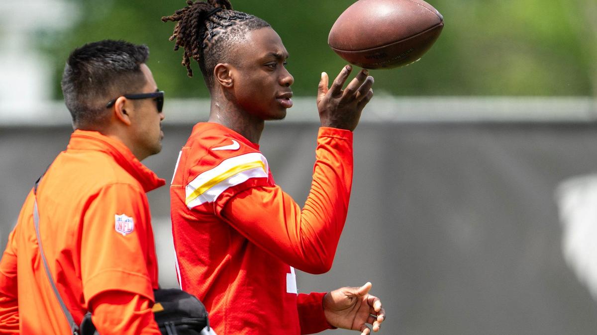 Chiefs wide receiver Xavier Worthy (1) during Organized Team Activities practice at the team’s training facility on Wednesday, May 22, 2024, in Kansas City.