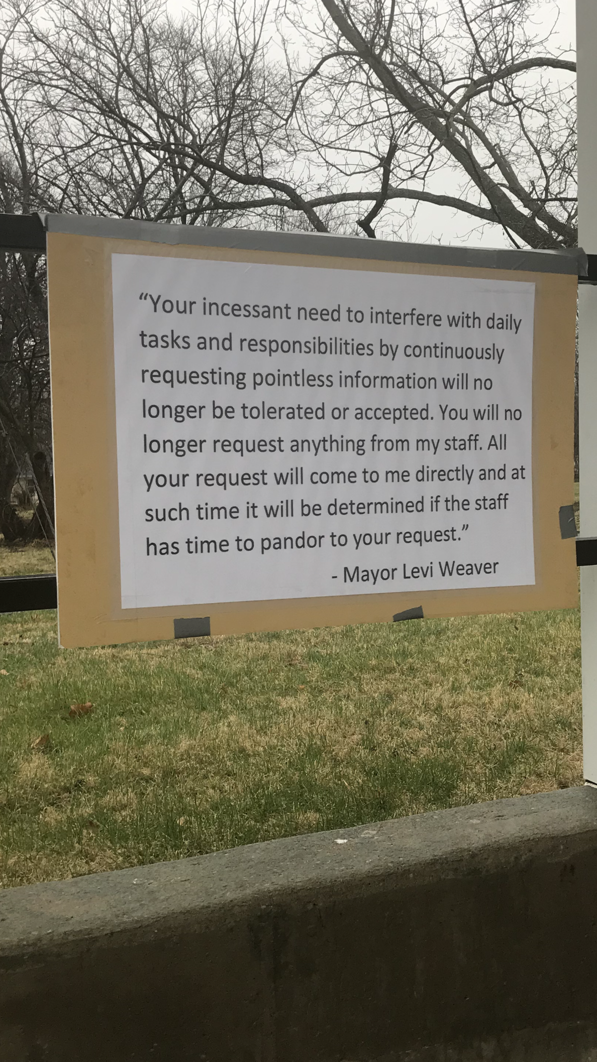 A sign quoting Greenwood Mayor Levi Weaver in an email to Alderman Marvin Megee was removed during April city elections.