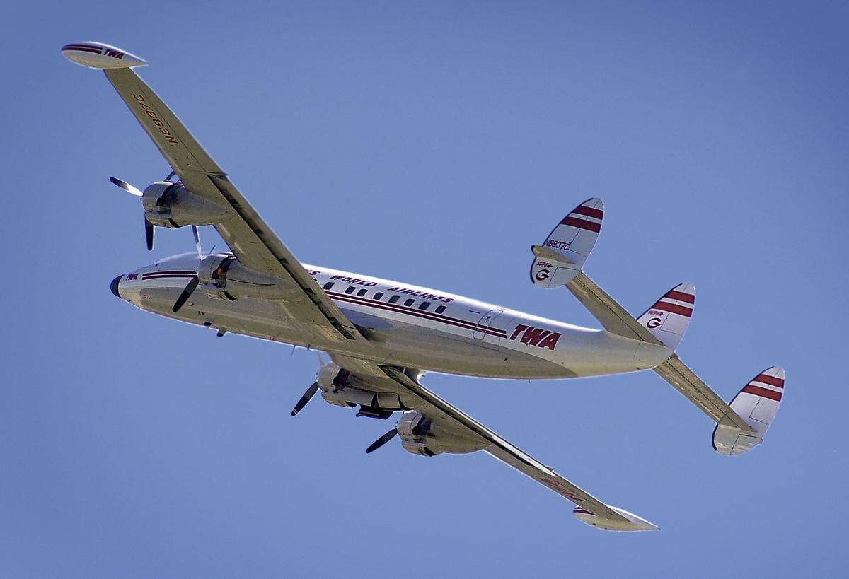 The TWA Super G Constellation that was part of the collection at the Kansas City Airline History Museum flies over Kansas City in 2002.