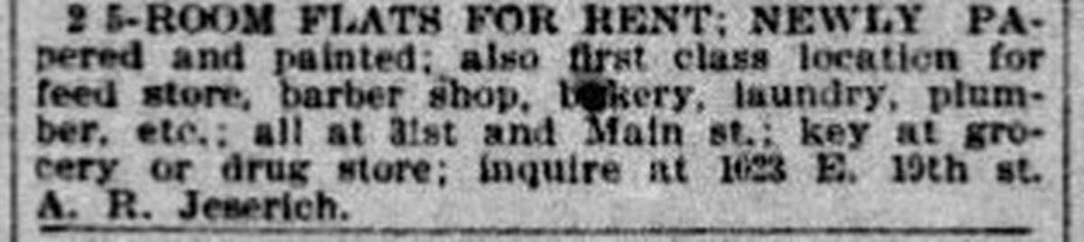 Classified ad for the Jeserich building, placed in a September 1897 edition of The Kansas City Star. The building, built in 1888, is set to be demolished for new development, having been deemed too dangerous to preserve.