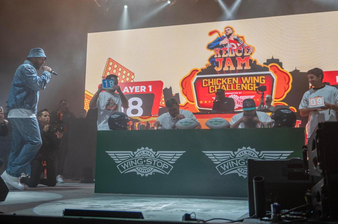 Travis Kelce judges the Wing Stop Chicken Wing Challenge during Kelce Jam at the Azura Ampitheater on Friday, April 28, 2023, in Bonner Springs.