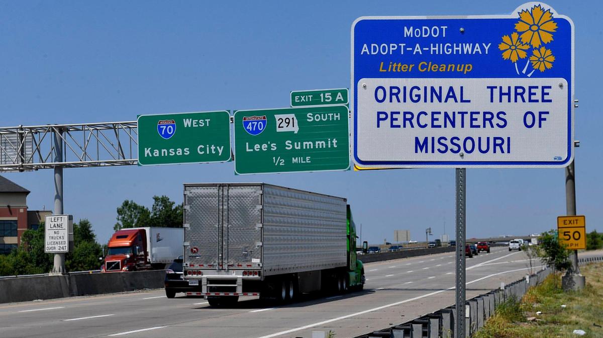 This MoDot Adopt-a-Highway sign sponsored by militia group the Original Three Percenters of Missouri is located on the northbound entrance ramp to Route 291 highway just south of I-70 in Independence. The Missouri Department of Transportation said the right to participate in its Adopt-a-Highway program is protected by the First Amendment.