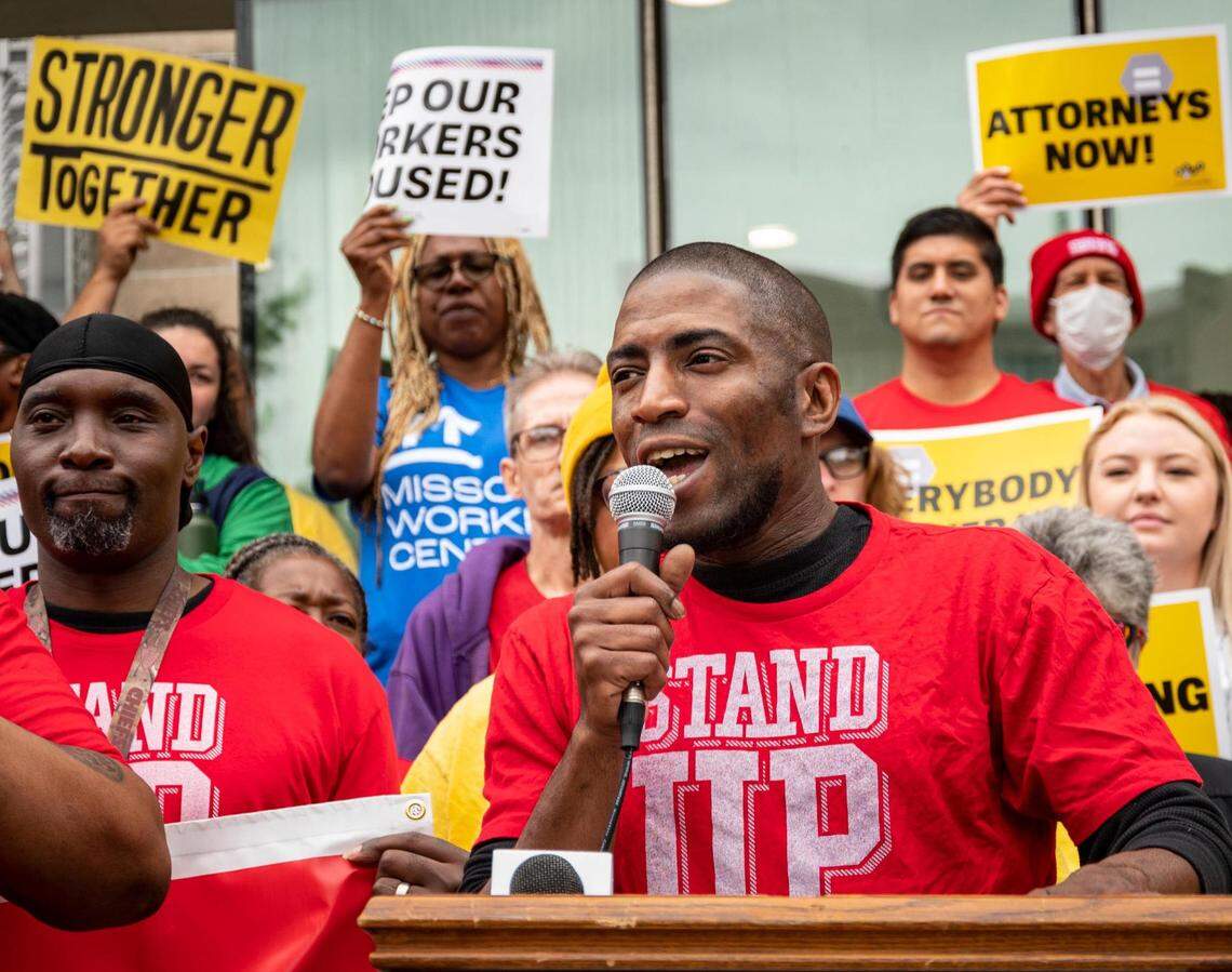 Terrence Wise, leader of Stand Up KC, speaks as people gather on the steps of City Hall to protest the city’s lack of action in slowing evictions and to celebrate the tenants’ new Right to Counsel legislation which goes into effect Wednesday, June 1, in Kansas City. 