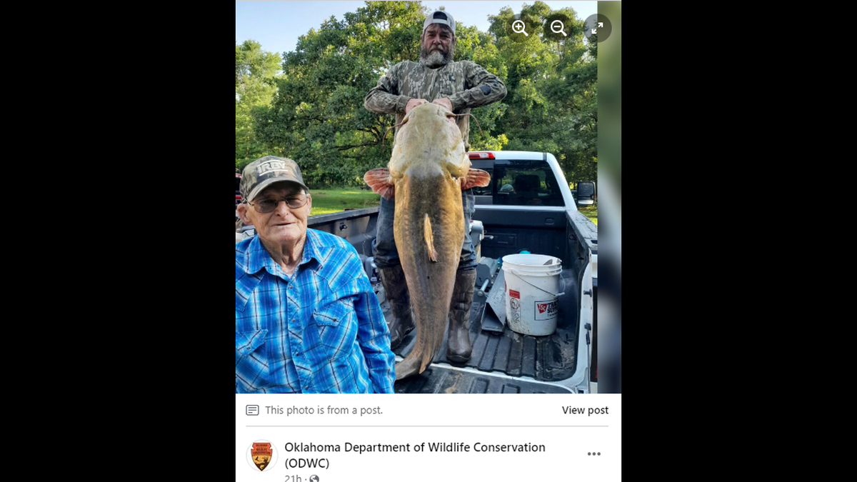 Bradly Courtright holds the flathead catfish.