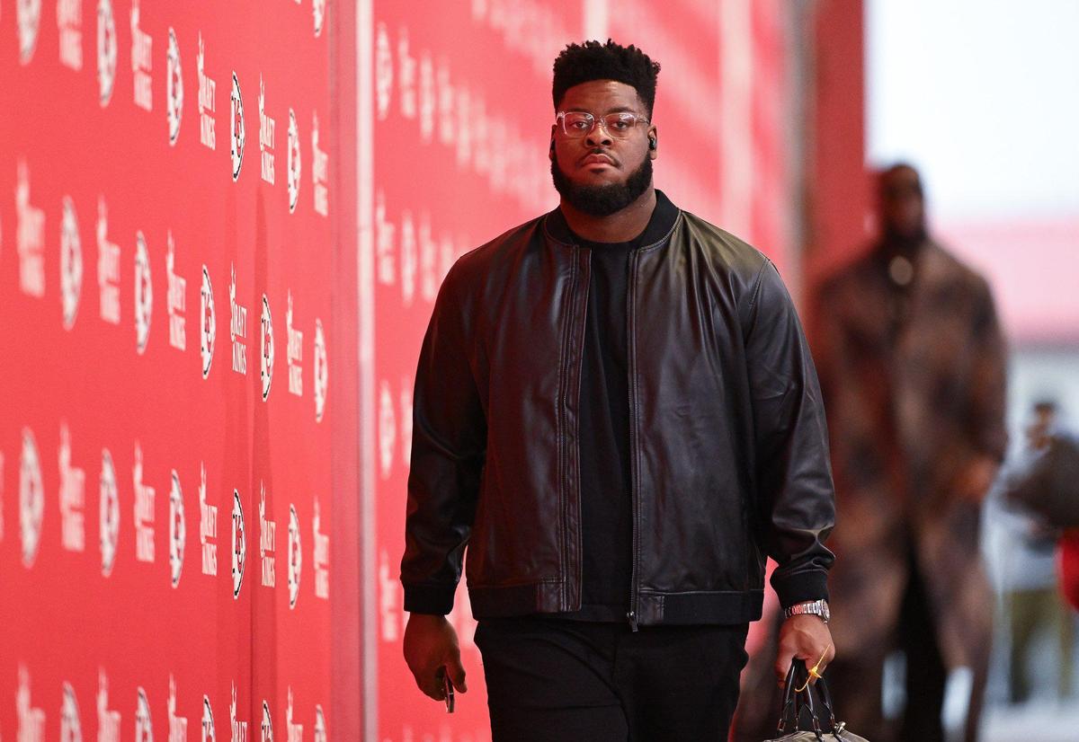 Kansas City Chiefs guard Trey Smith arrives before the Chiefs’ game with the Los Angeles Chargers on Sunday, Dec. 8, 2024, at GEHA Field at Arrowhead Stadium.
