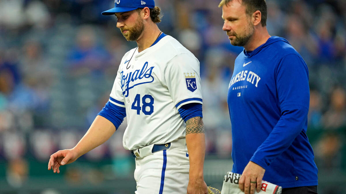 Kansas City Royals pitcher Alec Marsh (48) leaves the game after suffering an injury during the fifth inning against the Toronto Blue Jays at Kauffman Stadium.