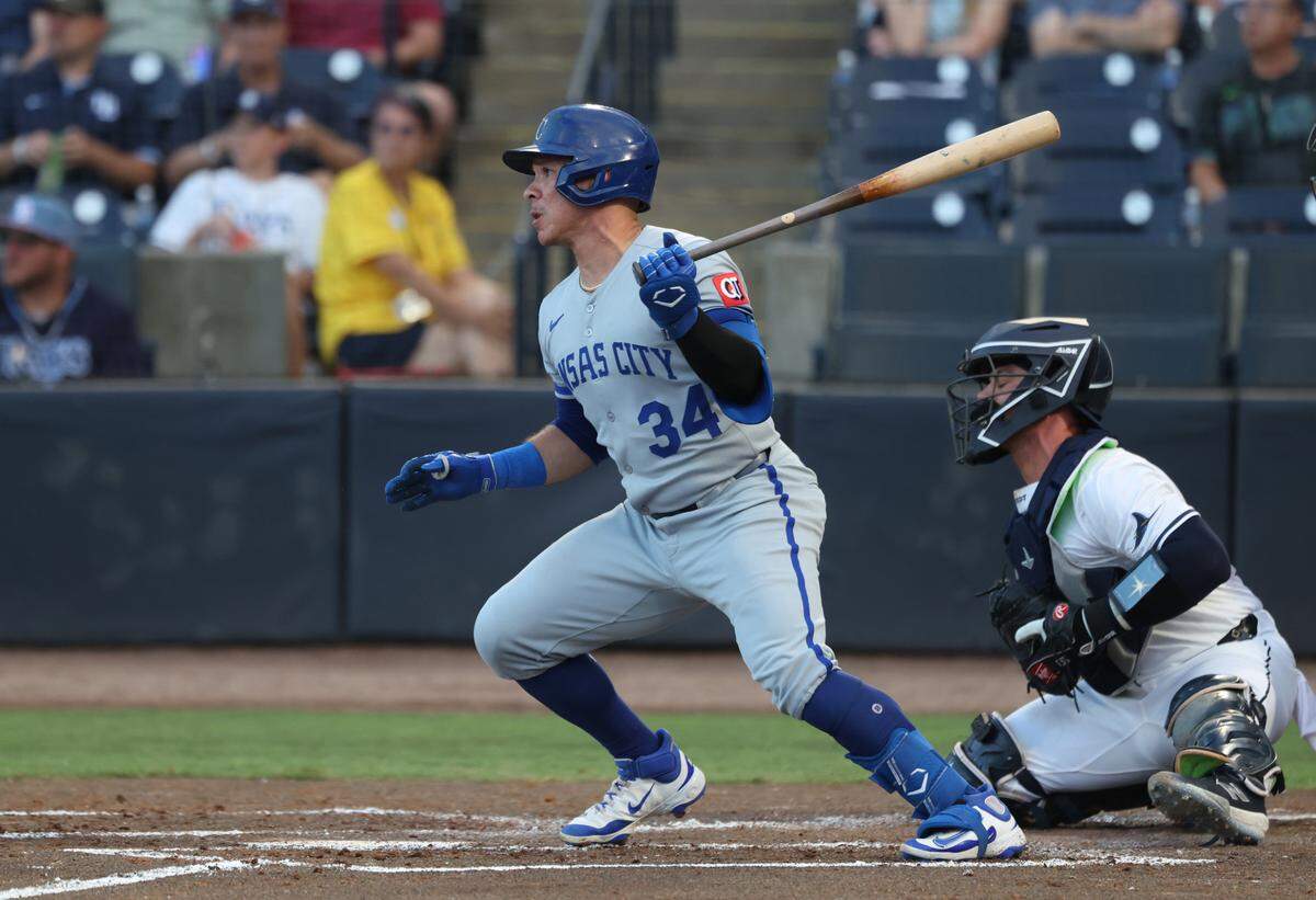 Kansas City Royals catcher Freddy Fermin (34) singles against the Tampa Bay Rays during the second inning at George M. Steinbrenner Field on April 29, 2025.