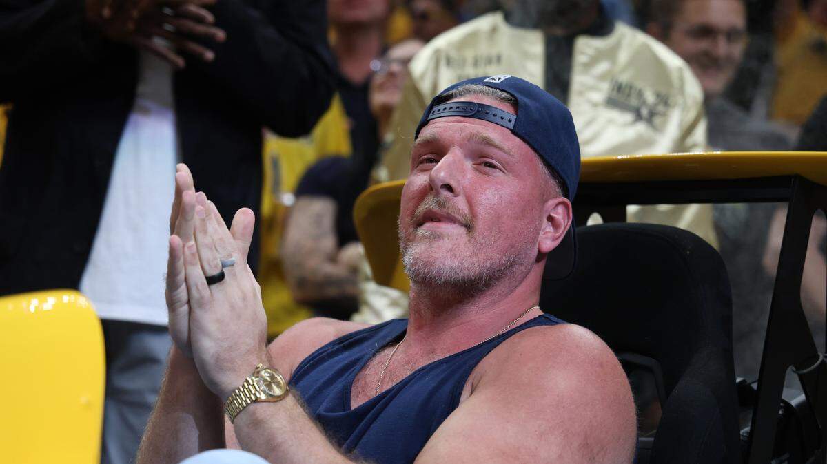 ESPN sports analyst Pat McAfee reacts during the third quarter of game three of the eastern conference finals between the Boston Celtics and the Indiana Pacers in the 2024 NBA playoffs at Gainbridge Fieldhouse.