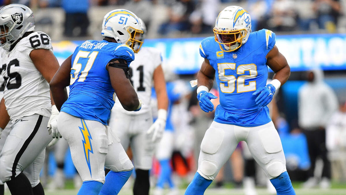 Los Angeles Chargers linebacker Khalil Mack reacted after sacking Las Vegas Raiders quarterback Aidan O’Connell with defensive tackle Sebastian Joseph-Day (51) during the second half at SoFi Stadium.