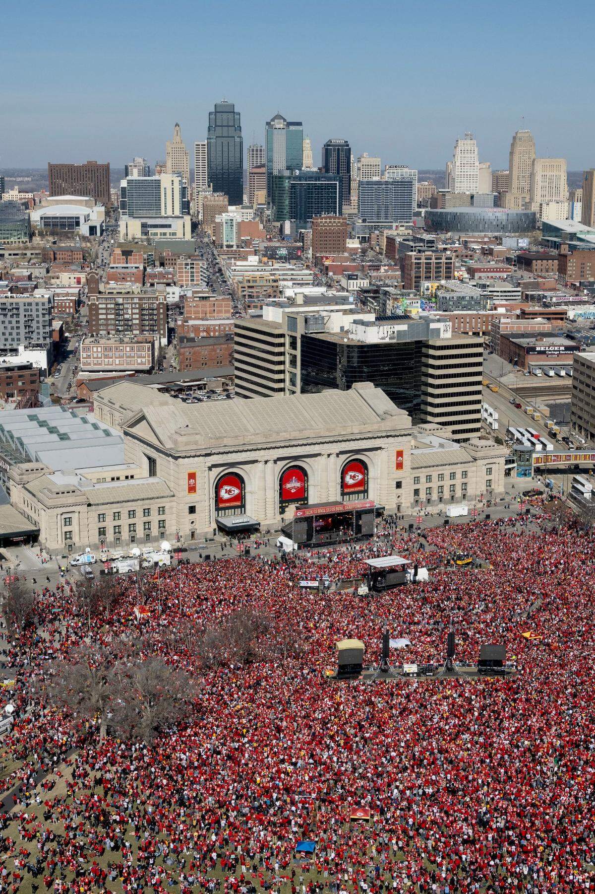 Thousands of people gather on the north lawn of the National WWI Museum and Memorial during the Kansas City Chiefs Super Bowl LVIII victory rally on Wednesday, Feb. 14, 2024, in Kansas City.
