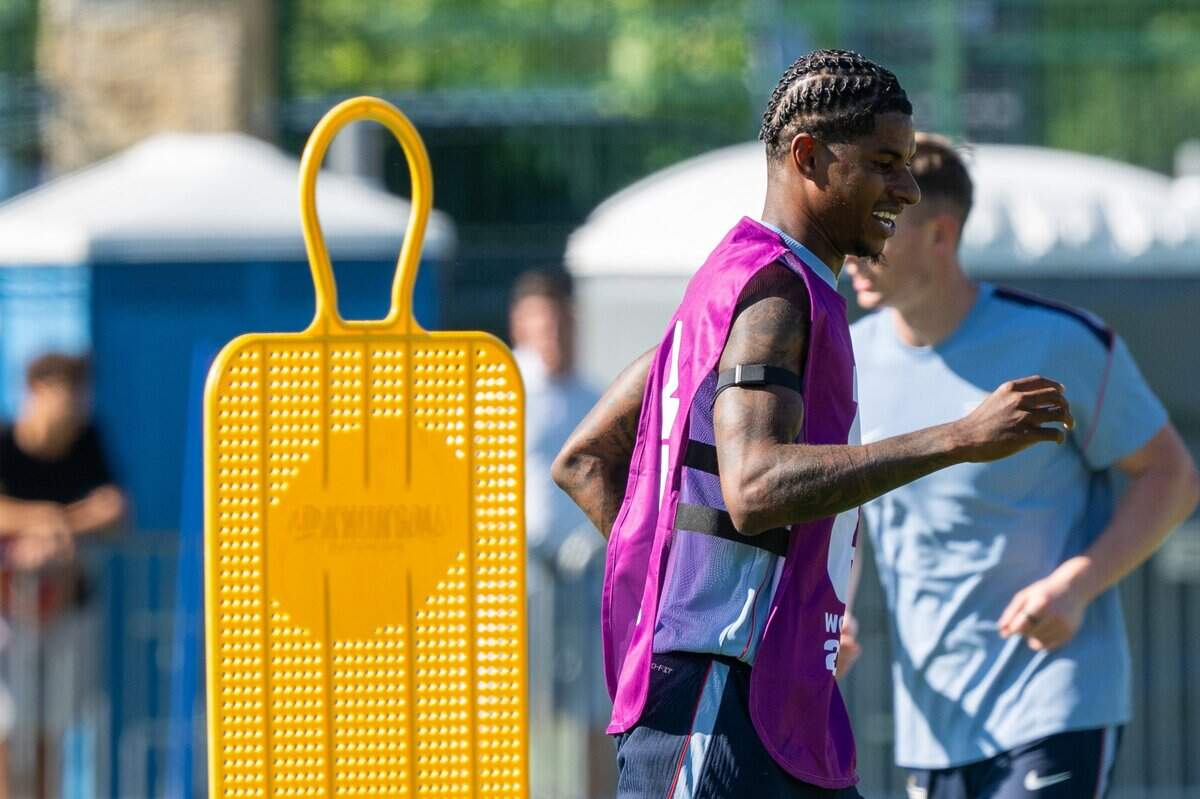 England's Marcus Rashford jogs around during practice on Victory Field at Swope Soccer Village, Saturday, June 13, 2026, in Kansas City. The team will call Prairie Village home during the World Cup.
