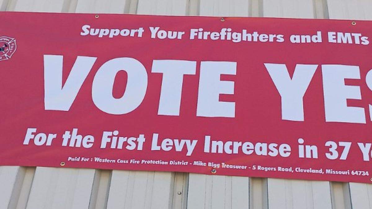 A banner that hung at the Western Cass Fire Protection District headquarters, urging voters to approve a tax levy increase.