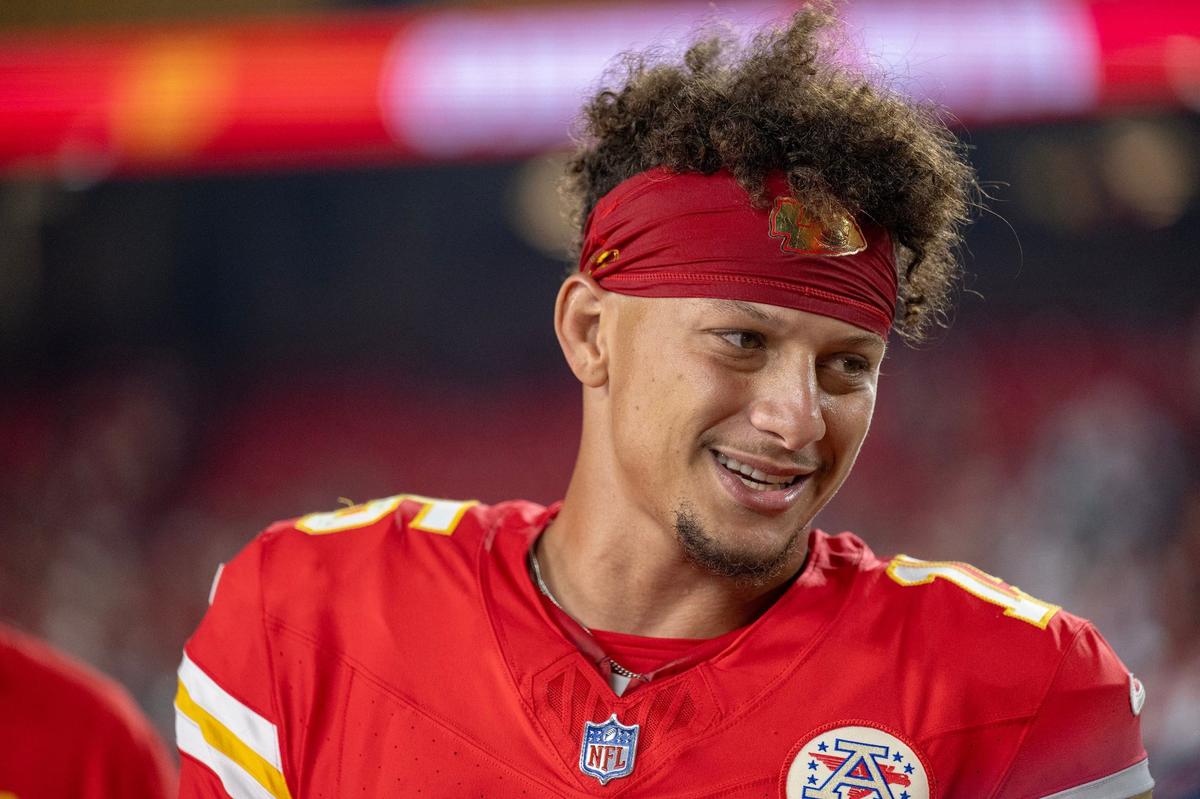 Kansas City Chiefs quarterback Patrick Mahomes (15) was all smiles after the team defeated the Baltimore Ravens, 27-20 on Thursday, Sept. 5, 2024, at GEHA Field at Arrowhead Stadium.