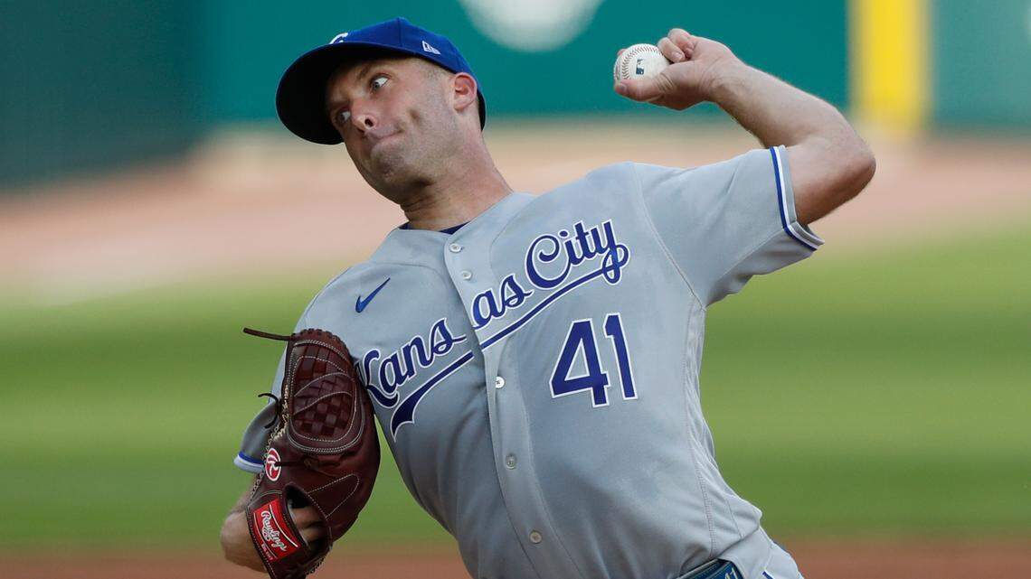 Kansas City Royals starting pitcher Danny Duffy throws during the first inning of a baseball game against the Detroit Tigers, Wednesday, July 29, 2020, in Detroit. (AP Photo/Carlos Osorio)