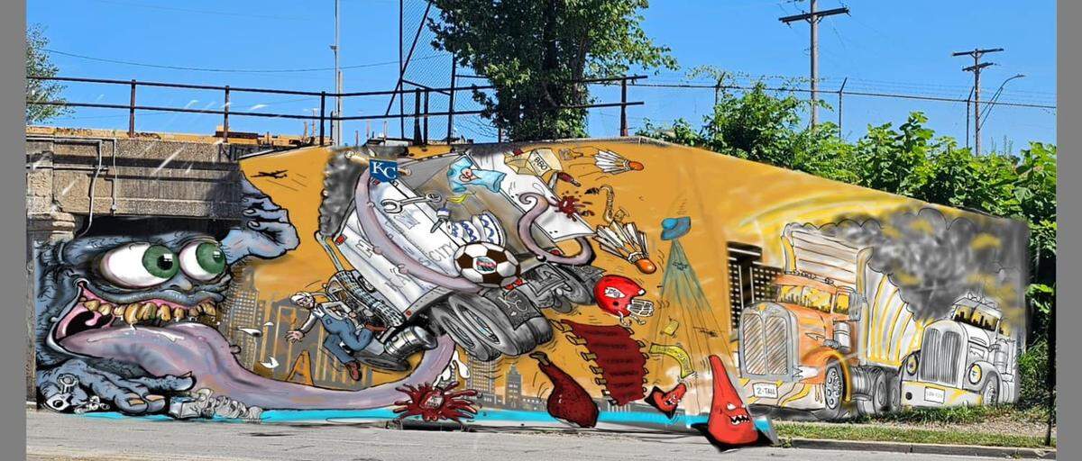 A monster licks up truck in concept art for a mural at the Independence Ave. truck-eating bridge in Kansas City. Mike Elder of Black Sheep Custom Cakes created the design. Contributed by the Northeast Kansas City Chamber of Commerce. June 27, 2024.