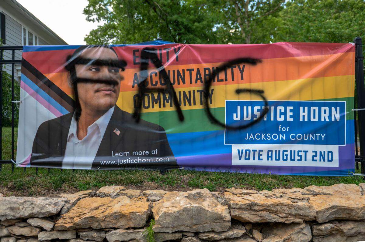 A campaign sign for Justice Horn, a candidate for the Jackson County Legislature, was recently defaced with a homophobic slur.