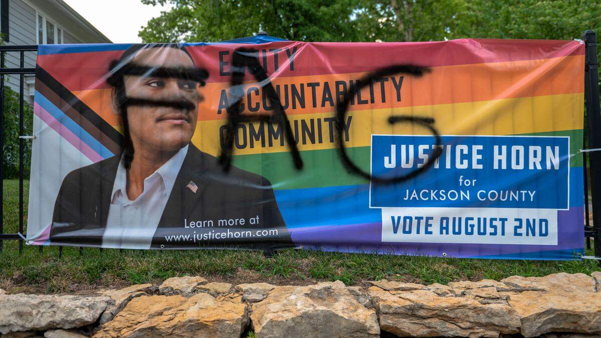 A campaign sign for Justice Horn, a candidate for the Jackson County Legislature, was defaced over the weekend with a homophobic slur. 