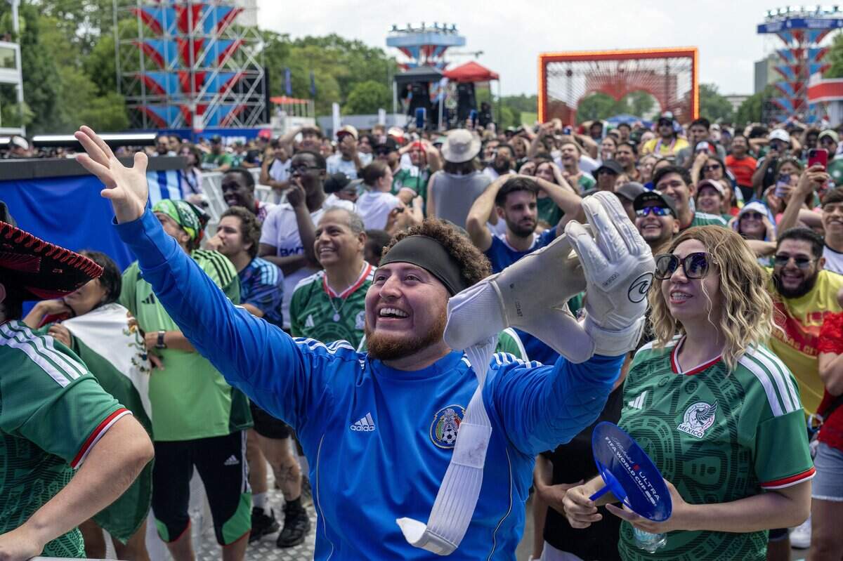 Gerardo Moreno reacts to a play while watching a match between Mexico and South Africa during the FIFA Fan Festival on Thursday, June 11, 2026, in Kansas City.