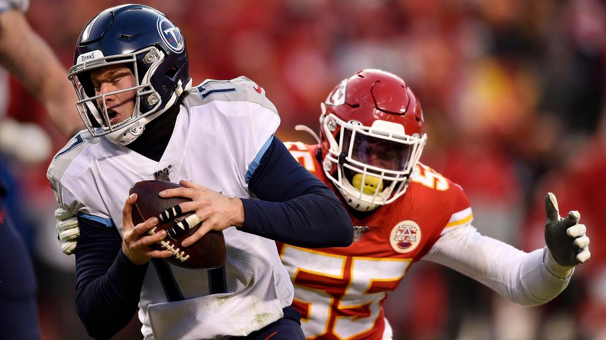 On fourth down, Kansas City Chiefs defensive end Frank Clark (55) sacked Tennessee Titans quarterback Ryan Tannehill (17) for a loss of yards, giving the Chiefs the ball to the Chiefs late in the fourth quarter of the AFC championship game Sunday, January 19, 2020, at Arrowhead Stadium in Kansas City, Missouri. The Chiefs defeated the Titans 35-24.