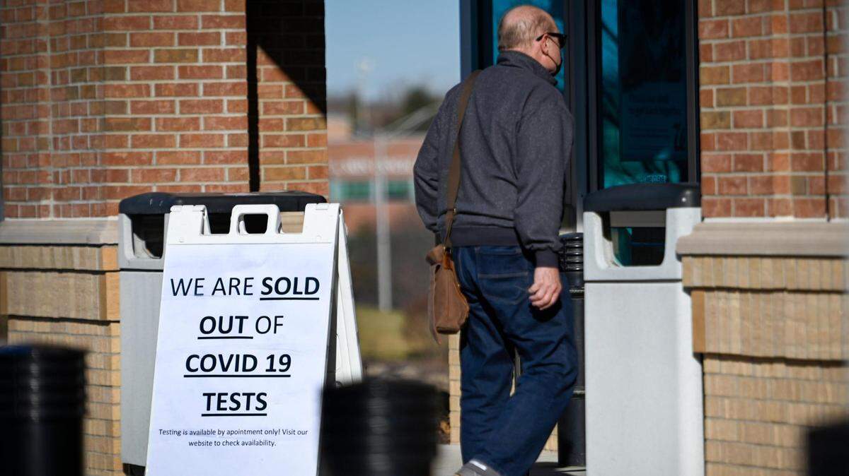 A pharmacy let customers know they were sold out of COVID-19 home test kits on Sunday, Jan. 9, 2022, in Leawood.