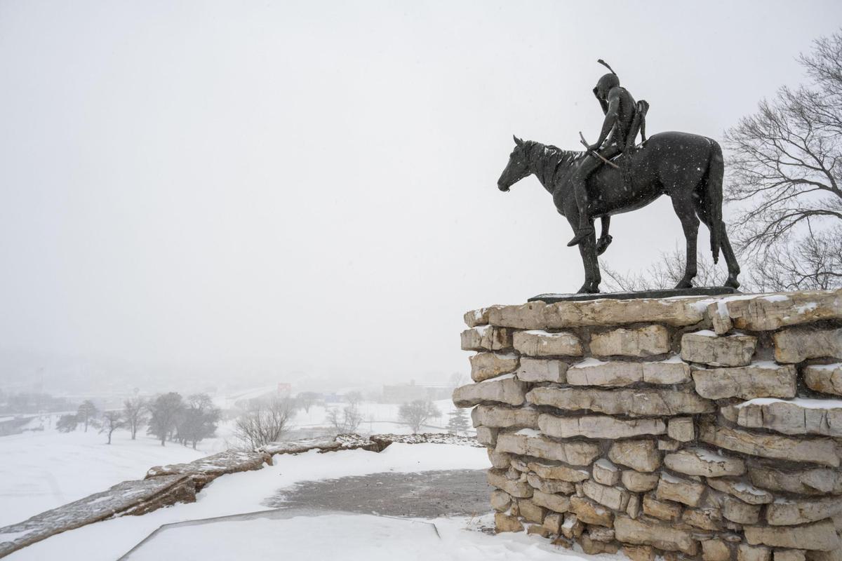 The Scout overlooks a wall of snow in Kansas City on Sunday, Jan. 5, 2025.