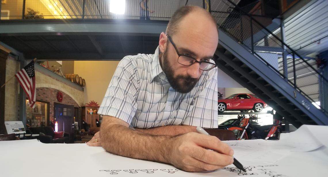 Michael Stevens, creator and host of Vsauce on YouTube, sketches two days before his show "Mind Field" is set to film in Stilwell.