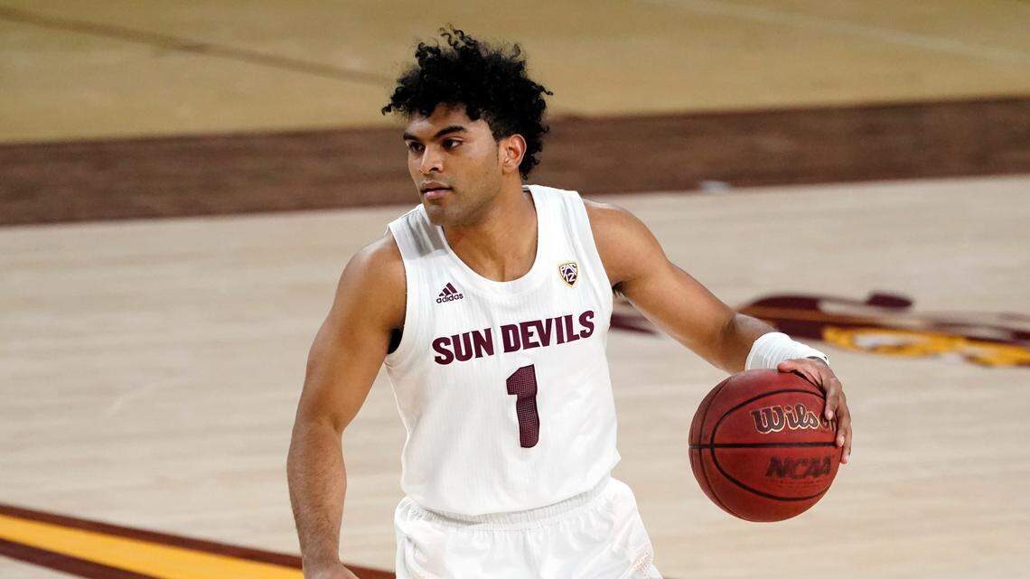 Arizona State guard Remy Martin (1) during the first half of an NCAA college basketball game against Washington, Tuesday, Feb. 23, 2021, in Tempe, Ariz. (AP Photo/Rick Scuteri)
