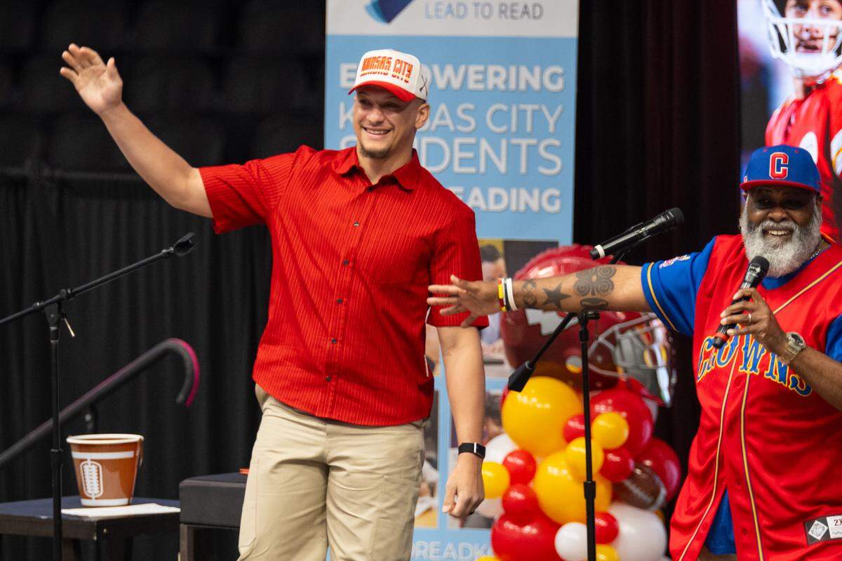 Kansas City Chiefs quarterback Patrick Mahomes greets thousands of grade school kids from around the Kansas City metro before reading to them at the Lead to Read KC Reading Rally, on Thursday, April 2, 2026, at T-Mobile Center.
