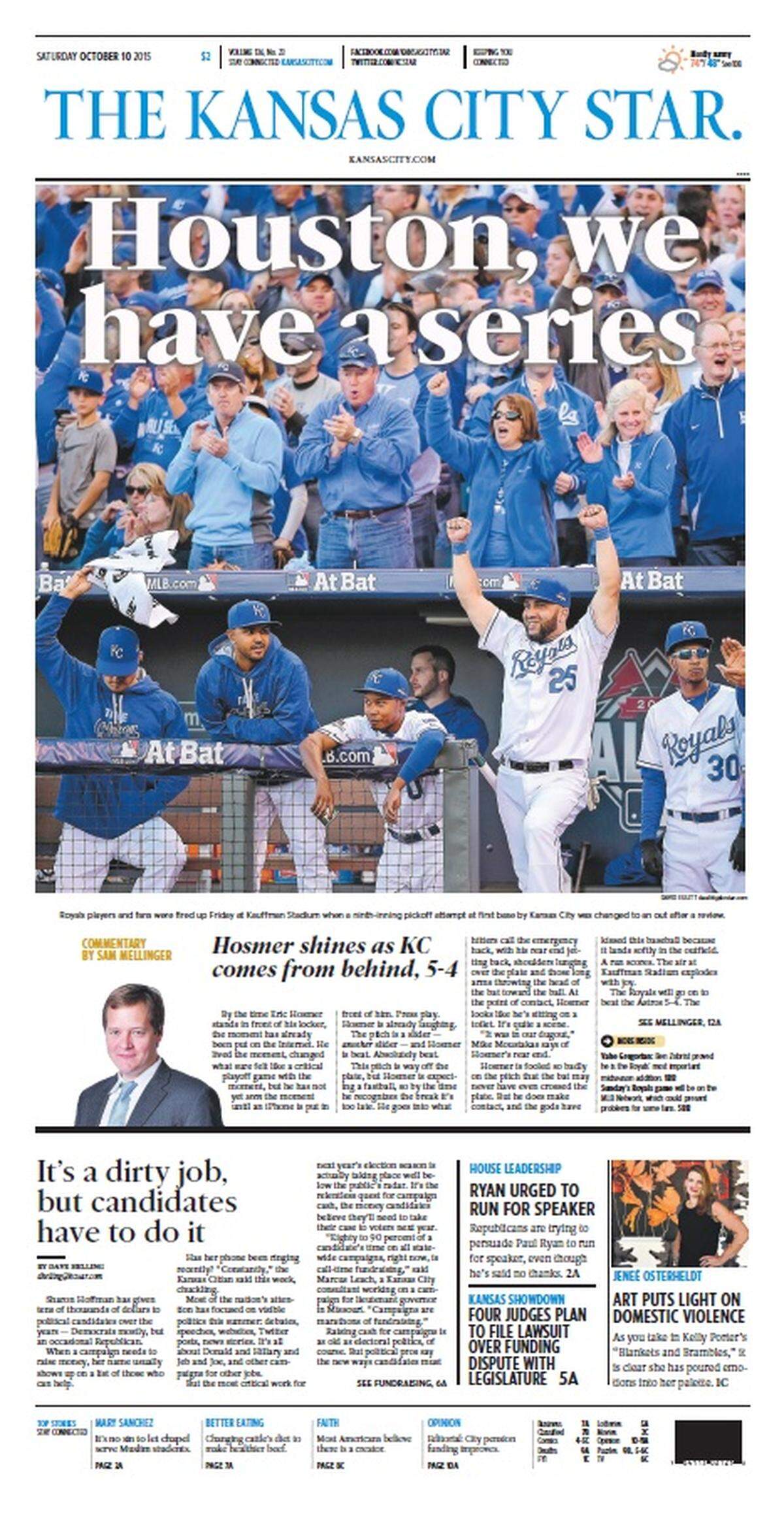 The front page of The Kansas City Star the day after the Royals beat the Astros in Game 2 of the American League Division Series on Oct. 9, 2015.