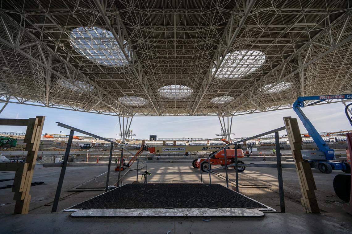 The seating area and canopy roof of the Morton Amphitheater are seen from the stage during construction on Friday, March 13, 2026, in Riverside.
