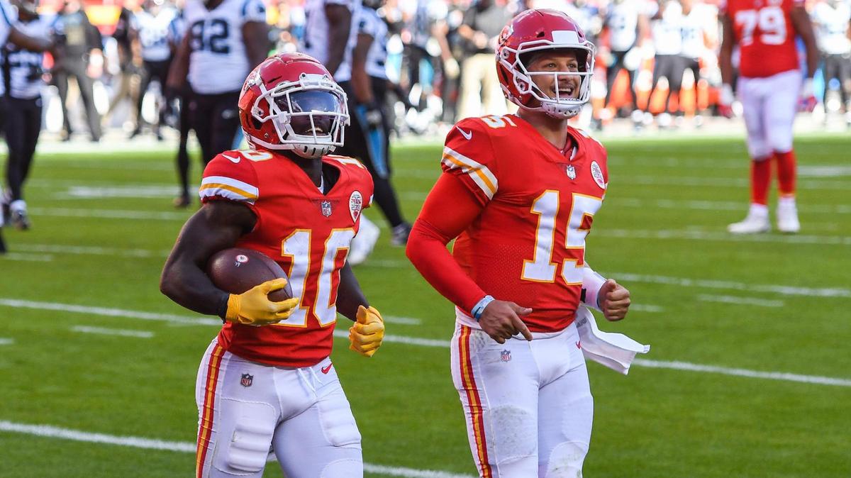 Kansas City Chiefs quarterback Patrick Mahomes and wide receiver Tyreek Hill walk off the field together after Hill scored on a pass from Mahomes in the fourth quarter against the Carolina Panthers Sunday, November 8, 2020, at Arrowhead Stadium in Kansas City, Missouri. It was Mahomes’ 100th career touchdown pass.