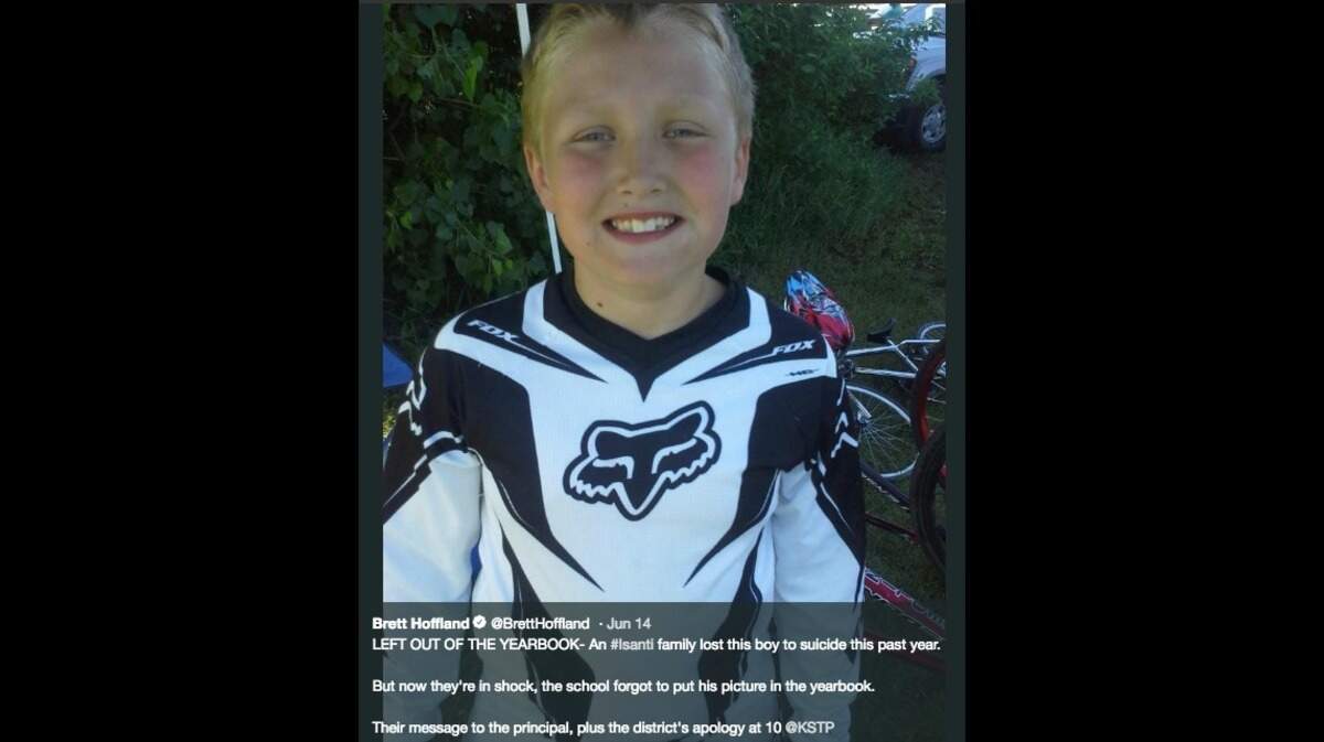 Minnesota seventh-grader Kaiden Kauffman killed himself at home in September, say family members who are angry the Isanti Middle School student was left out of his yearbook.  The school district apologized, saying it was not intentional.