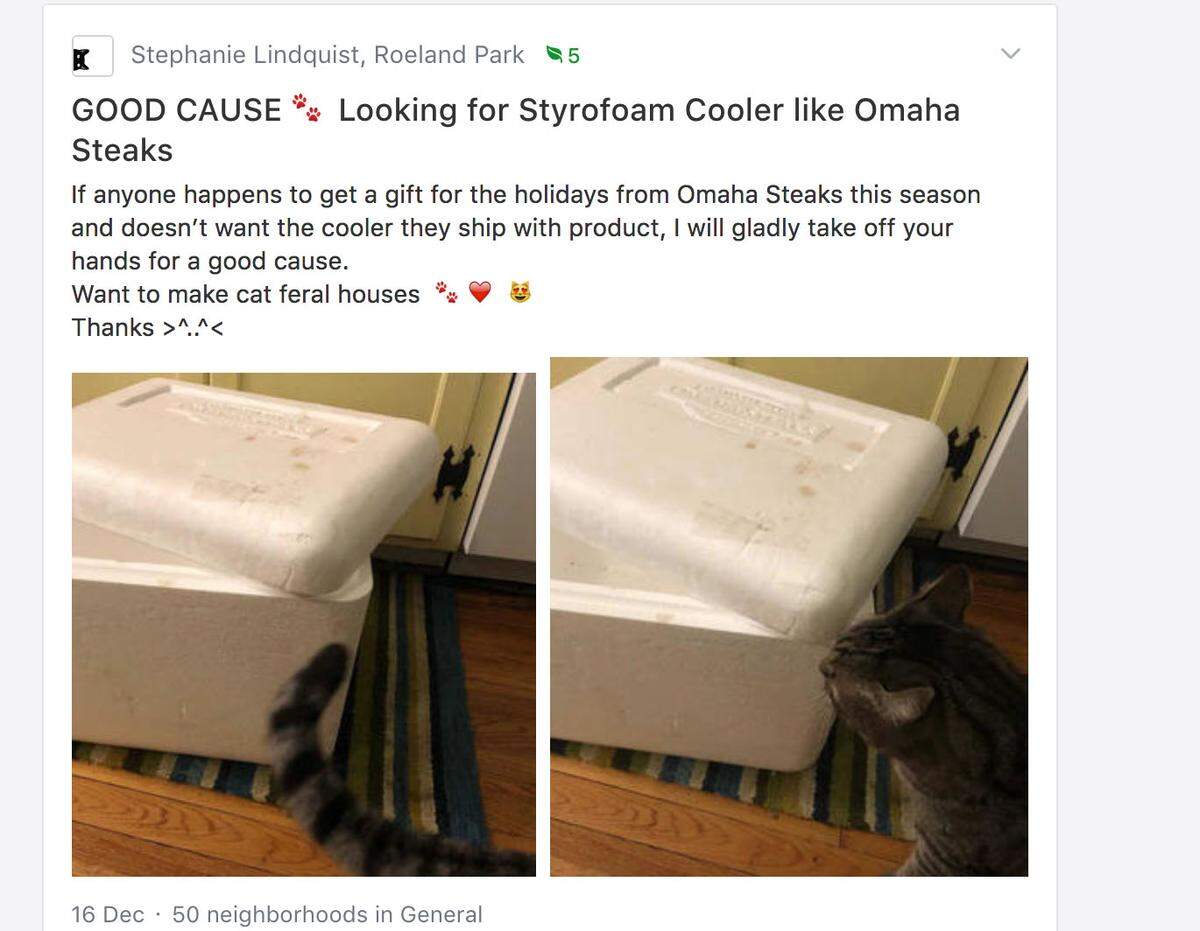 Stephanie Lindquist-Johnson’s Nextdoor post seeking donations of foam coolers got a huge response. She and her son have been converting the coolers into shelters for outdoor creatures.