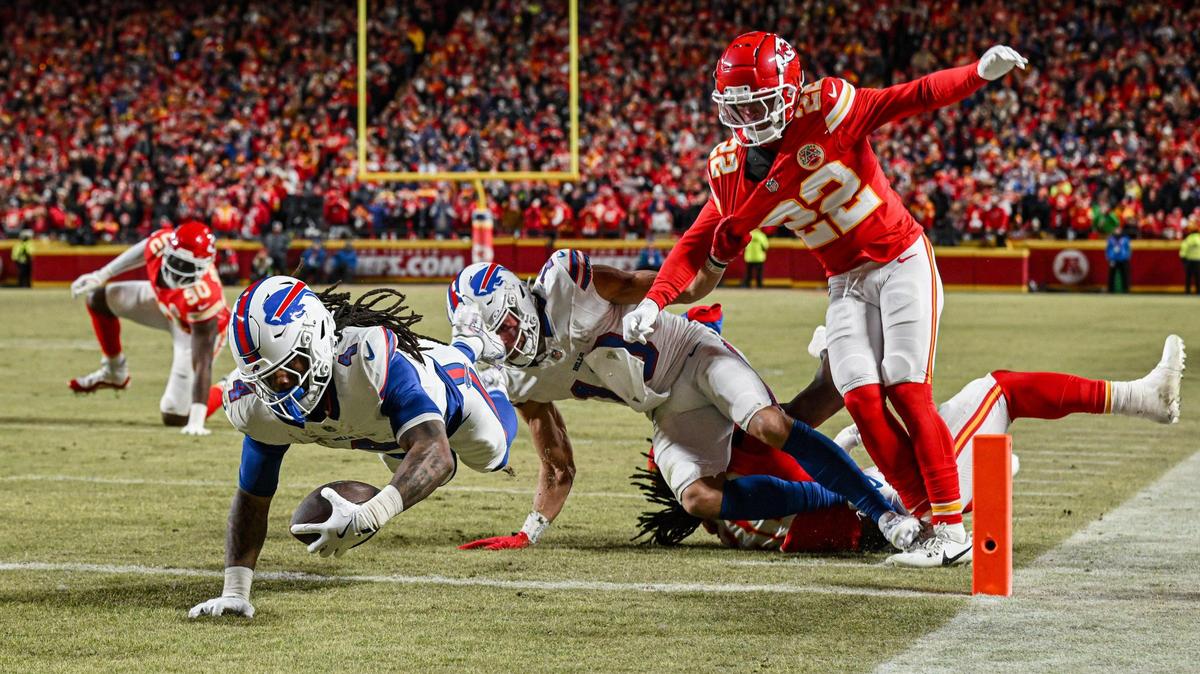 Buffalo Bills running back James Cook dives for a touchdown against the Chiefs during the AFC Championship Game on Jan. 26 at GEHA Field at Arrowhead Stadium in Kansas City.