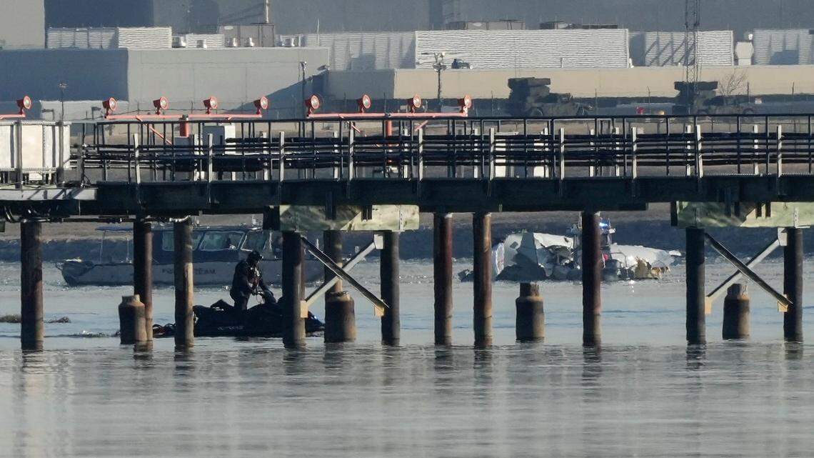 Aircraft wreckage could be seen while recovery efforts were underway in the Potomac River on Thursday near Reagan National Airport following the crash of American Airlines plane and a military helicopter that happened Wednesday night.