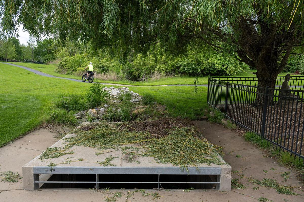 A storm drain sits near the home of Kate Guimbellot in the College Meadows neighborhood near College Boulevard and South Woodland Road in Olathe.