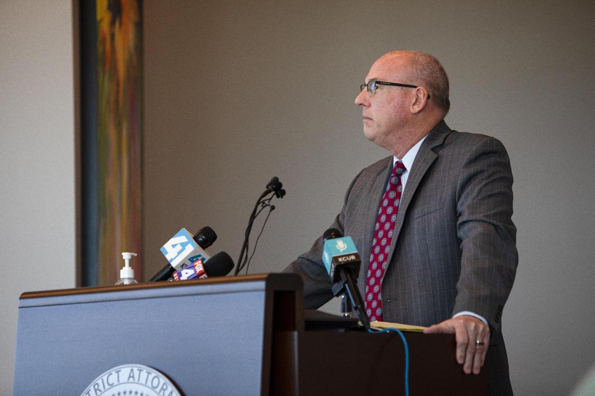 Johnson County District Attorney Steve Howe announces his office is declining to file criminal charges against four Overland Park police officers on Oct. 17, 2023, at the Johnson County Court House in Olathe. The announcement came after a nearly 18-month investigation into the misuse of funds for the Overland Park Police Officers Foundation.