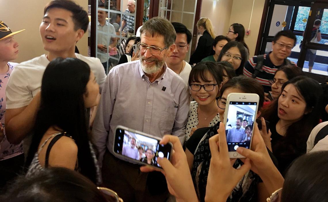 George P. Smith, professor emeritus at the University of Missouri in Columbia, was awarded the Nobel Prize in chemistry for developing a method known as phage display. After a press conference at Memorial Student Union recognizing his award, students and supporters swarmed Smith like a rock star after the event, trying to get selfies.