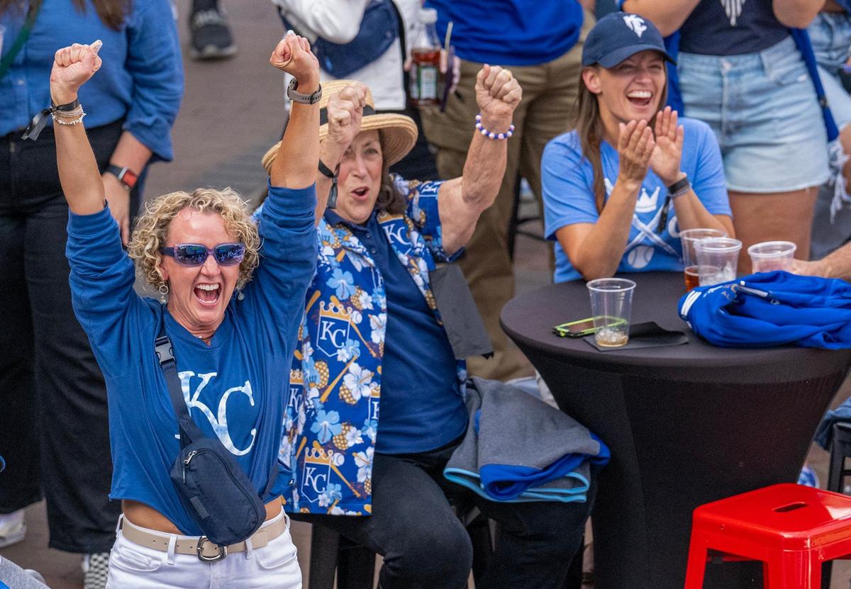 Royals fans celebrated at the Kansas City Power & Light District on Wednesday, October 2, 2024, during a watch party for Game 2 of the AL Wild Card series against the Orioles.