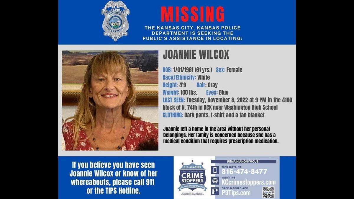 Kansas City, Kansas police were asking the public for help on Tuesday with finding Joannie Wilcox, 61, whose whereabouts were unknown to her family for one week.