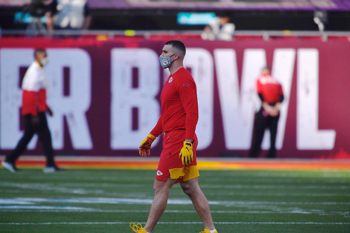 Kansas City Chiefs tight end Travis Kelce warms on the field Sunday, February 7, 2021, before Super Bowl LV at Raymond James Stadium in Tampa, Florida.