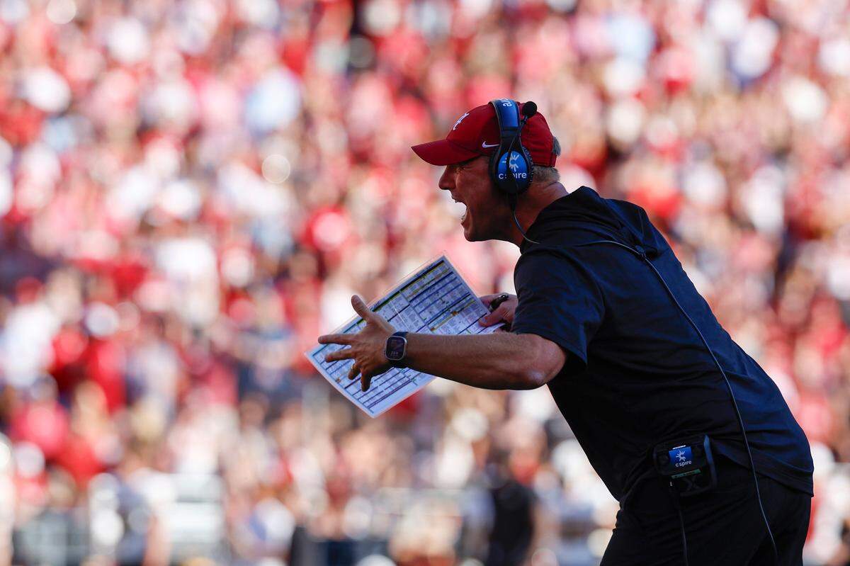 Alabama Crimson Tide football coach Kalen DeBoer reacts to a play during Saturday’s game against the Missouri Tigers at Bryant-Denny Stadium.